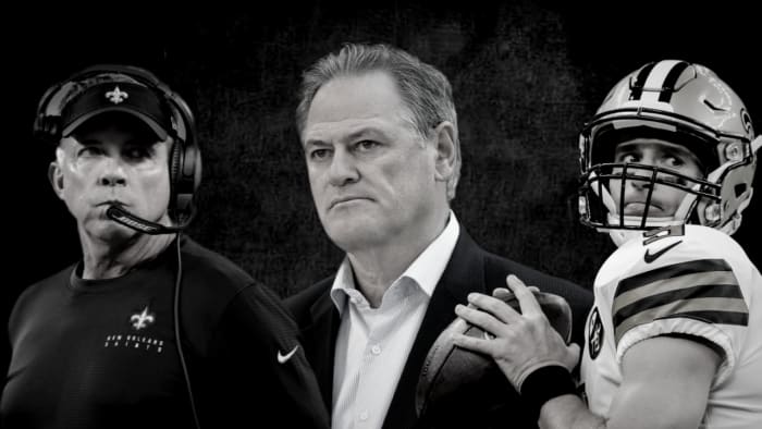 Saints Sean Payton, Mickey Loomis, and Drew Brees